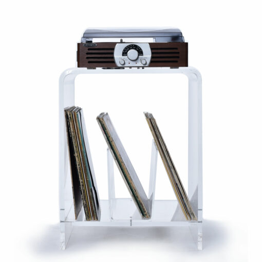 Clear acrylic record player stand with record storage