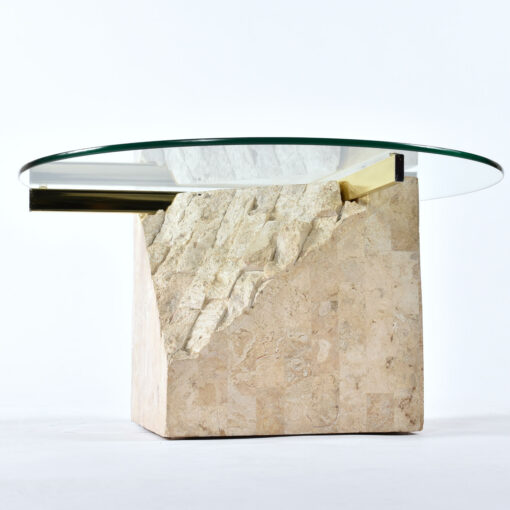 Brass cantilever round tessellated stone side table