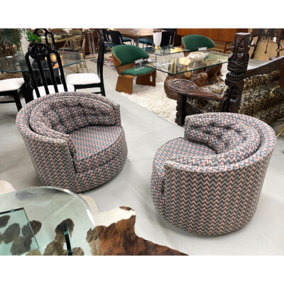 Milo Baughman style swivel barrel chairs