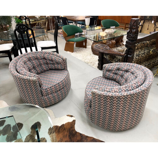Milo Baughman style swivel barrel chairs