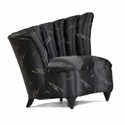 Black satiny 1980s fan barrel chair