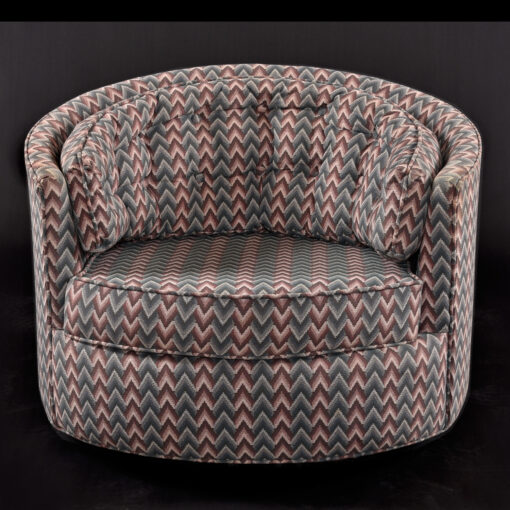 Blue and mauve chevron Milo Baughman style swivel barrel chairs