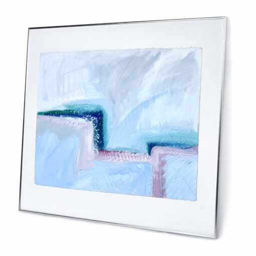 Blue and pink abstract expressionist drawing with white matte and chrome frame