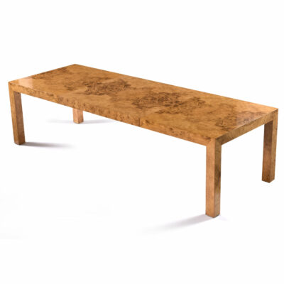 Fully expanded vintage 1970s Milo Baughman style burl wood Parsons table