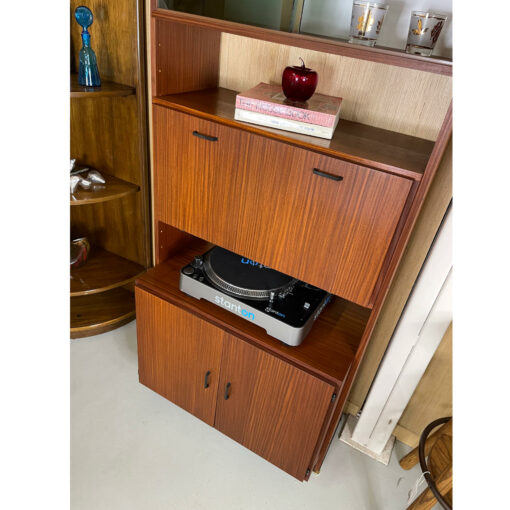 Mid-Century Modern bookcase with secretary desk bar and display cabinet at center
