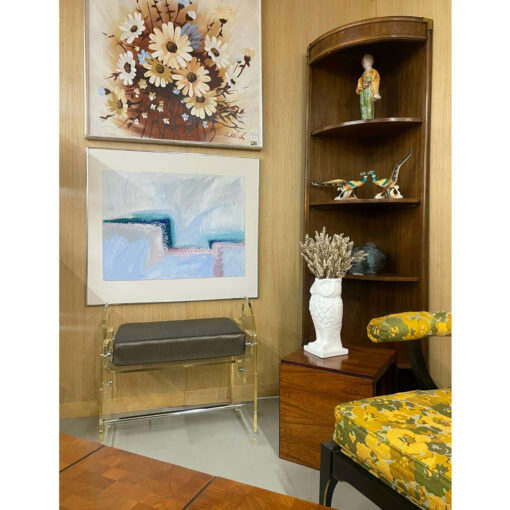 abstract oil pastel drawing with flower painting and corner cabinet by Drexel