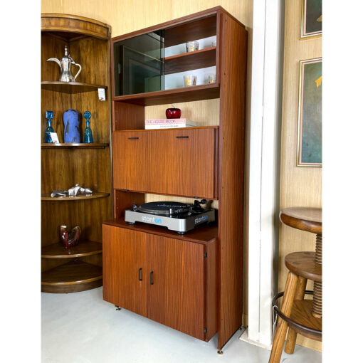 Mid-Century Modern bookcase with secretary desk bar and display cabinet with smoked glass