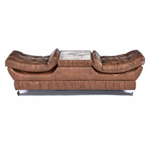 Brown vintage 1970s tufted bench with faux marble coffee table top