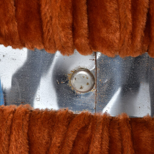 Chrome banding around vintage 1970s burnt orange fabric wrapped end tables
