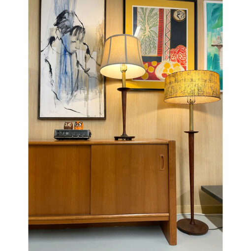 Pair Mid-Century Modern table and floor lamp in walnut and brass