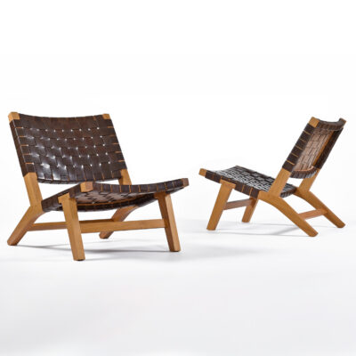 Brown leather woven De La Espada lounge chairs