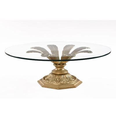 Mid-Century gold floral coffee table with round glass
