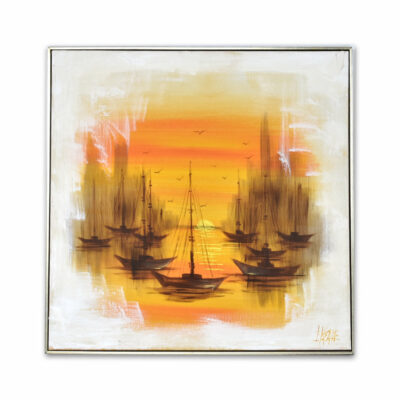 J. Keane Mid-Century Modern sunset marina painting