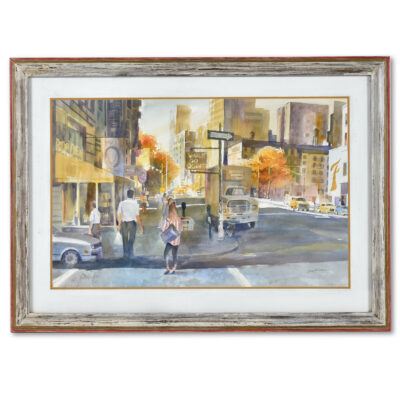 Large scale cityscape street scene watercolor painting by Jim Borden