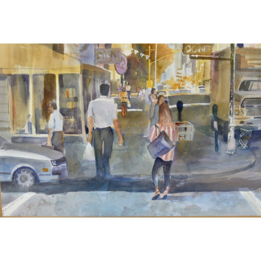 People strolling along a city street in Jim Borden watercolor painting