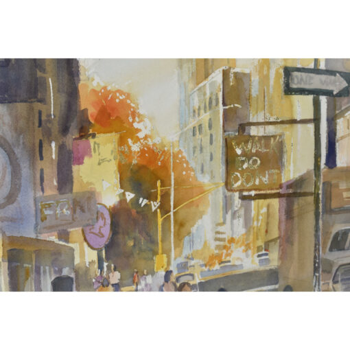 Brilliant orange and sage green autumnal trees in James Borden watercolor painting