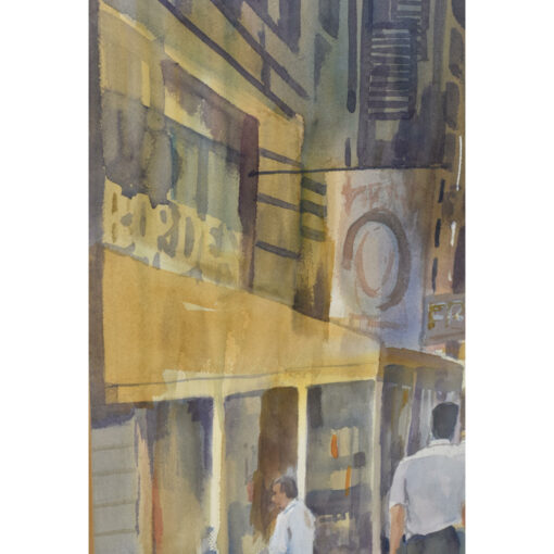 Easter egg painter James Borden uses his name as one of building signs in his watercolor painting