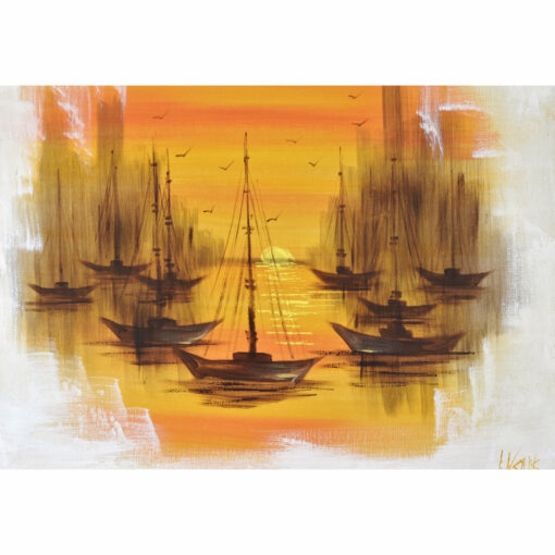 Sailboats in and orange sunset sky harbor Mid-Century Modern painting