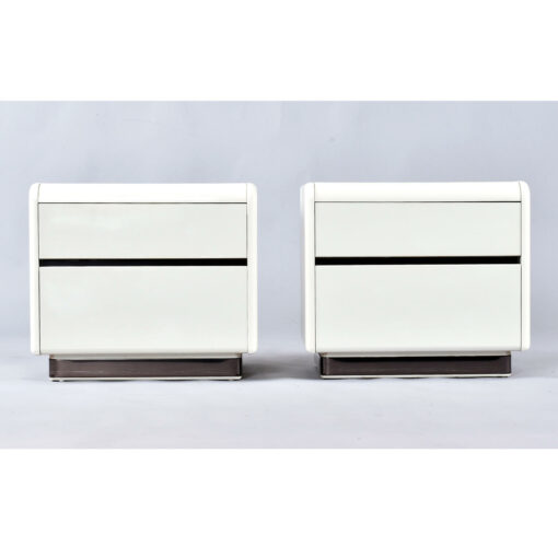 Beautifully restored white Post Modern Lane nightstands with chrome bases