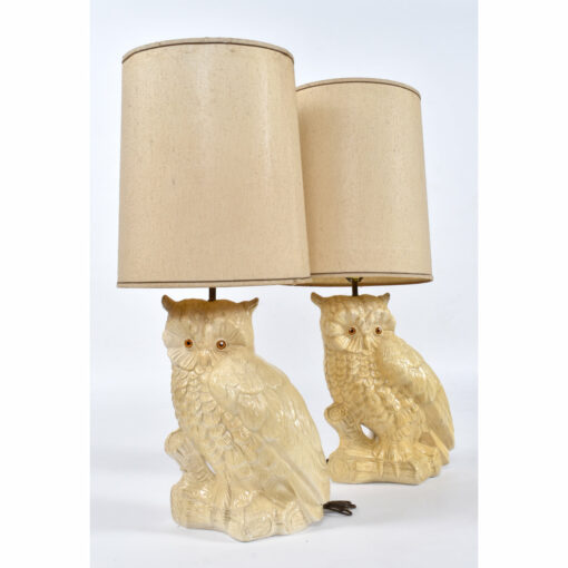 Cream colored Mid-Century Modern plaster owl lamps
