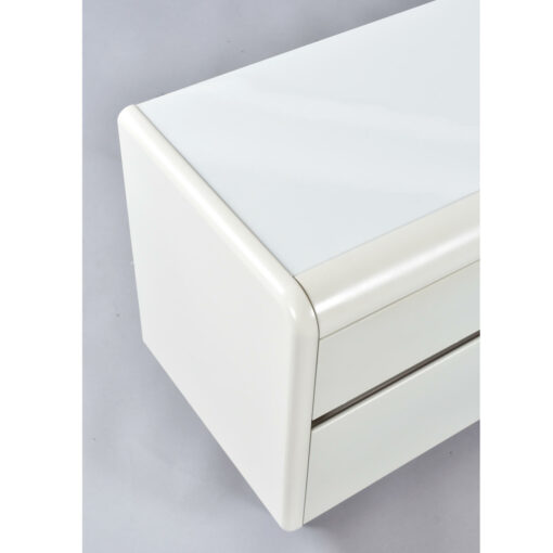 Art Deco inspired curved edges on vintage white Lane nightstands