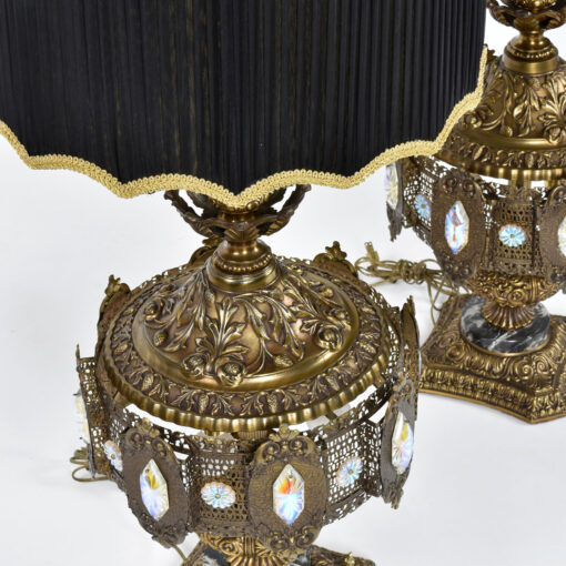 Pleated vintage lamp shades on Hollywood Regency Tom Greene style Brutalist Loevsky lamps