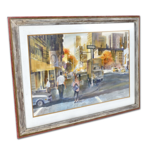 Large scale cityscape street scene watercolor painting by James Borden
