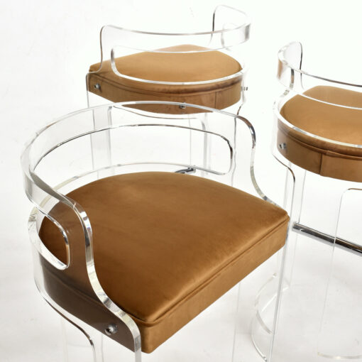 New gold velvet upholstery on vintage 1970s clear acrylic bar stools