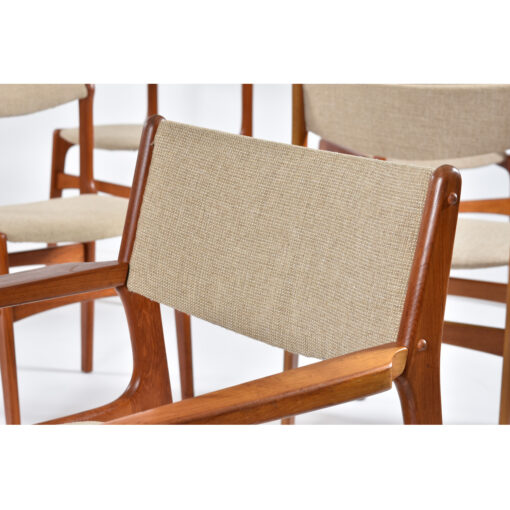 Beige fabric upholstered Danish teak dining chairs