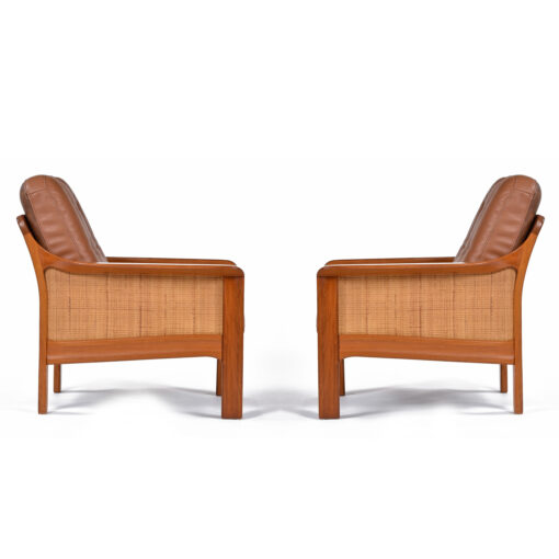 Pair solid teak wood club chairs with leather seats
