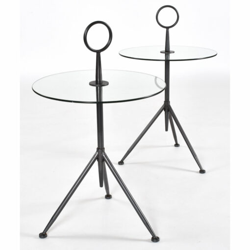 Pair round glass side tables with tripod gunmetal bases