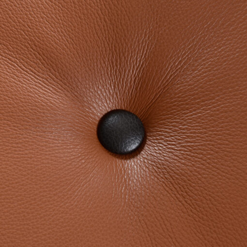 Black buttons on brown leather upholstery