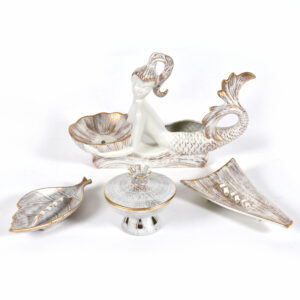 Royal Haeger Gold Tweed Mermaid Planter Ashtrays and Candy Dish Set