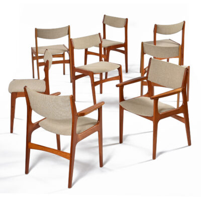 Set of 8 Danish teak dining chairs with beige upholstery