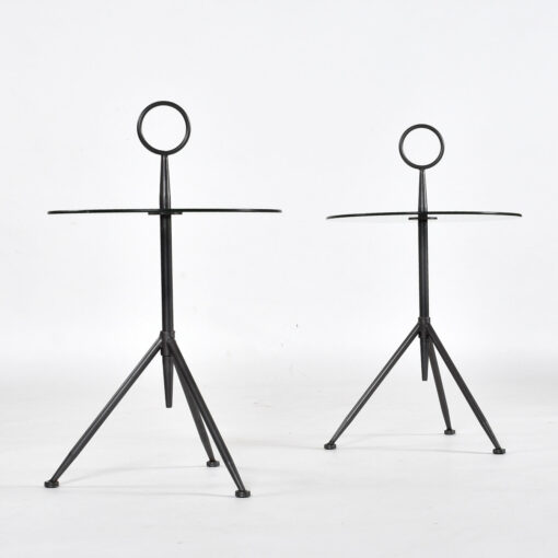 Sculptural minimalist tripod glass and steel side tables