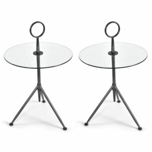 Pair of Italian Modern Round Glass Gueridon Side Tables with Tripod Steel Bases
