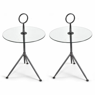 Round glass side tables with tripod metal bases