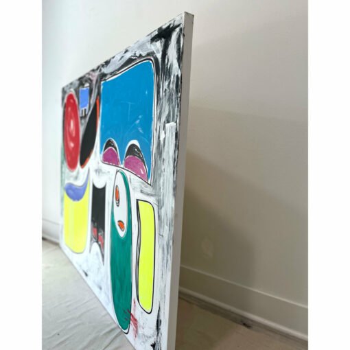 Large scale blue white yellow green red and black abstract painting by William Haffner