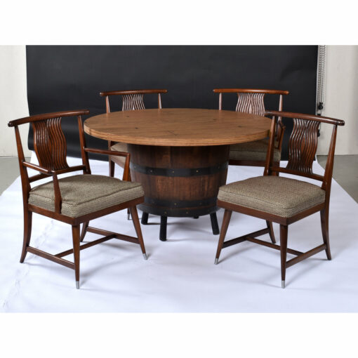 Round whiskey barrel gaming table with four chairs