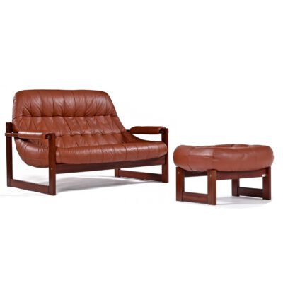Brazilian Modern cognac leather love seat sofa with ottoman