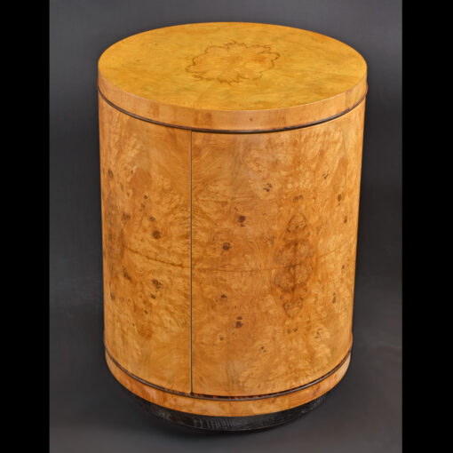Refinished burl wood cylinder shaped end table by Henredon