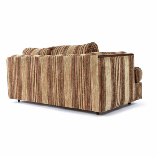 Back view of vintage Deville striped brown tuxedo love seat with gold and oak accent