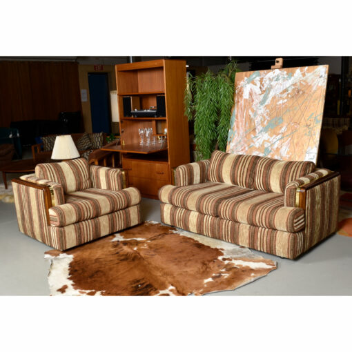 Deville Post Modern striped beige and brown love seat and armchair with wood and gold accent