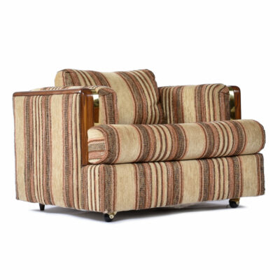 Vintage 1980s striped brown tuxedo armchair with gold and oak accent