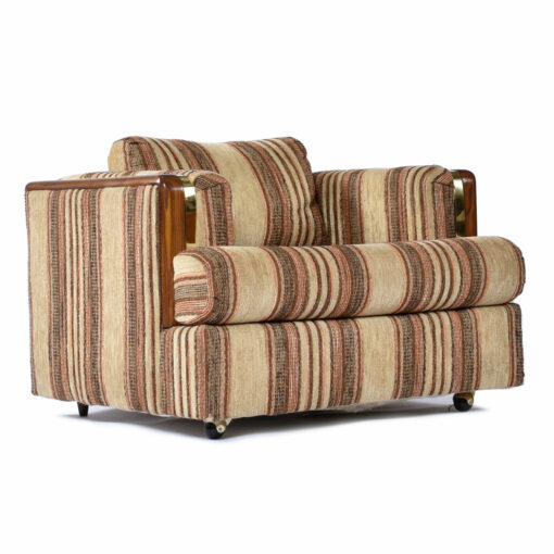 Vintage 1980s striped brown tuxedo armchair with gold and oak accent