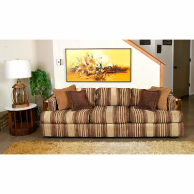 Deville Post Modern striped beige and brown sofa with wood and gold accent on arms
