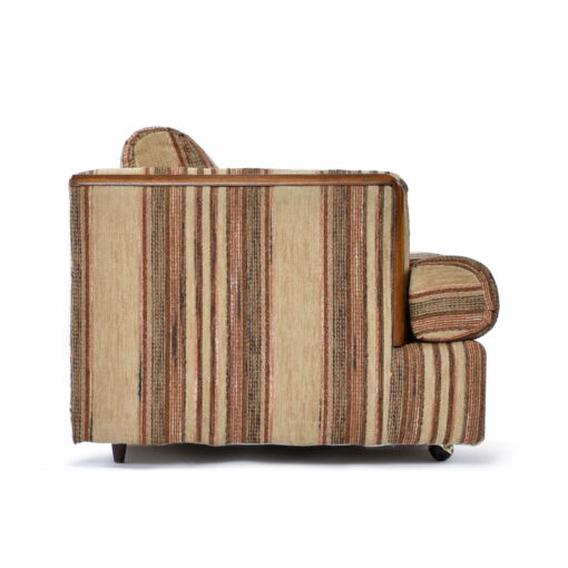 Vintage Deville striped brown tuxedo armchair with gold and oak accent