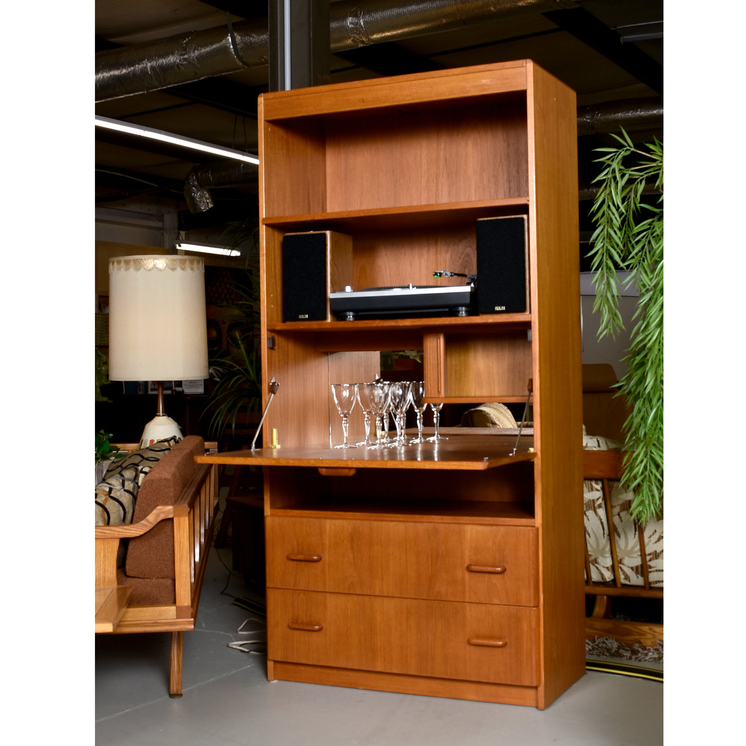 Vintage Jesper Danish Teak Bookcase Stereo with Lighted Bar