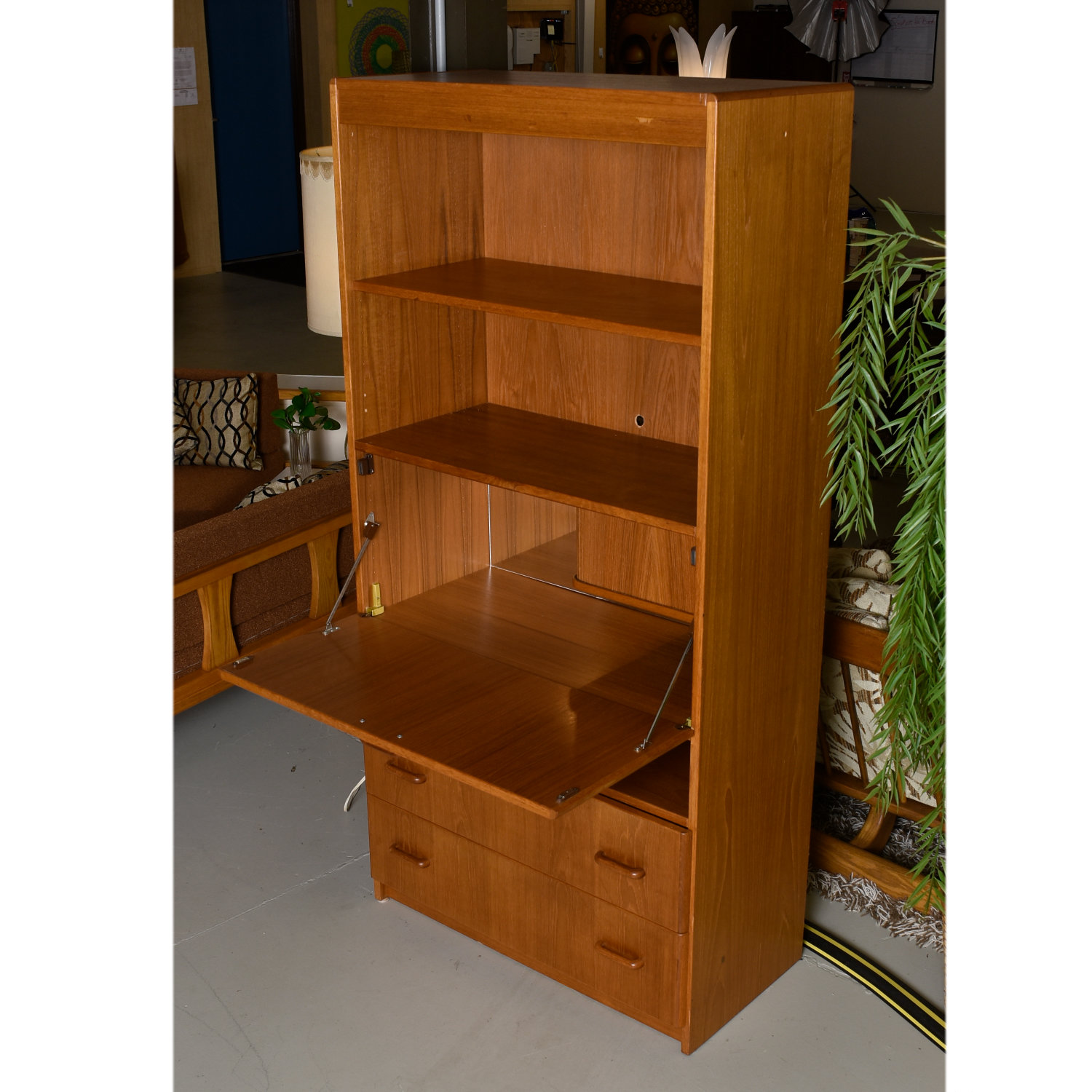 Vintage Jesper Danish Teak Bookcase Stereo with Lighted Bar