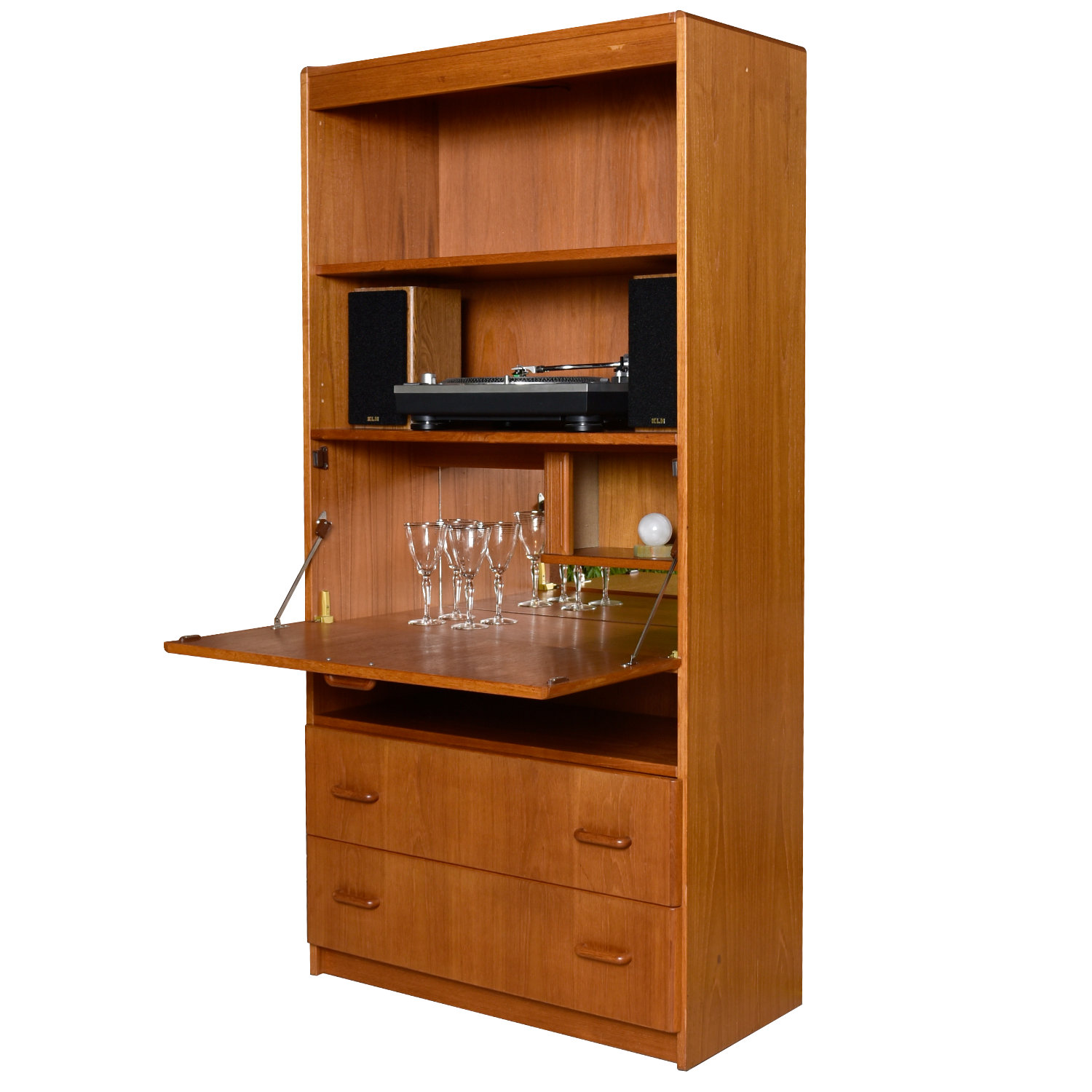 Vintage Jesper Danish Teak Bookcase Stereo with Lighted Bar